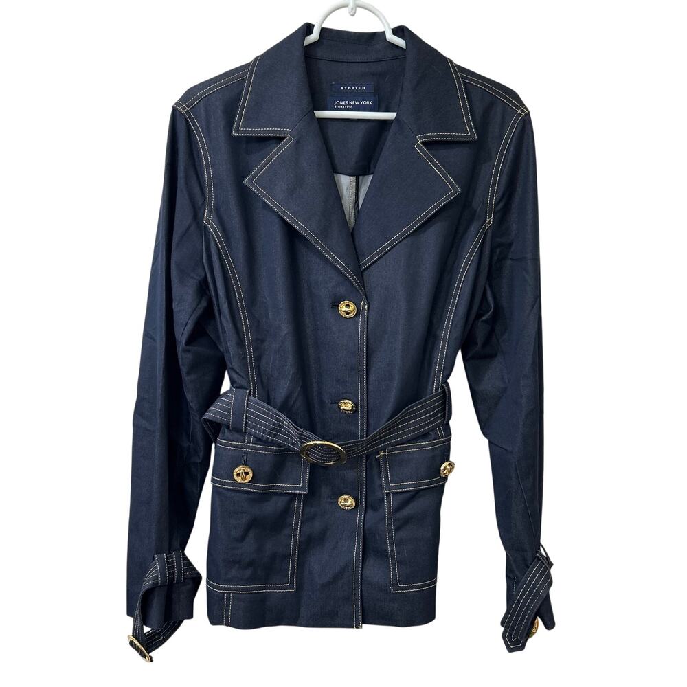 Jones New York Signature Women Large Blue Denim Belted Blazer Jacket Gold Button